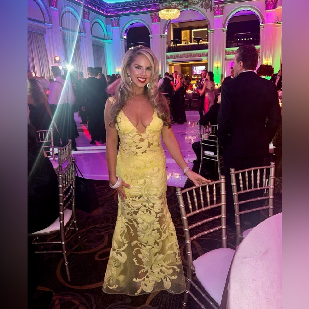 A Jovani prom gown worn once for a wedding. It’s a size 6.